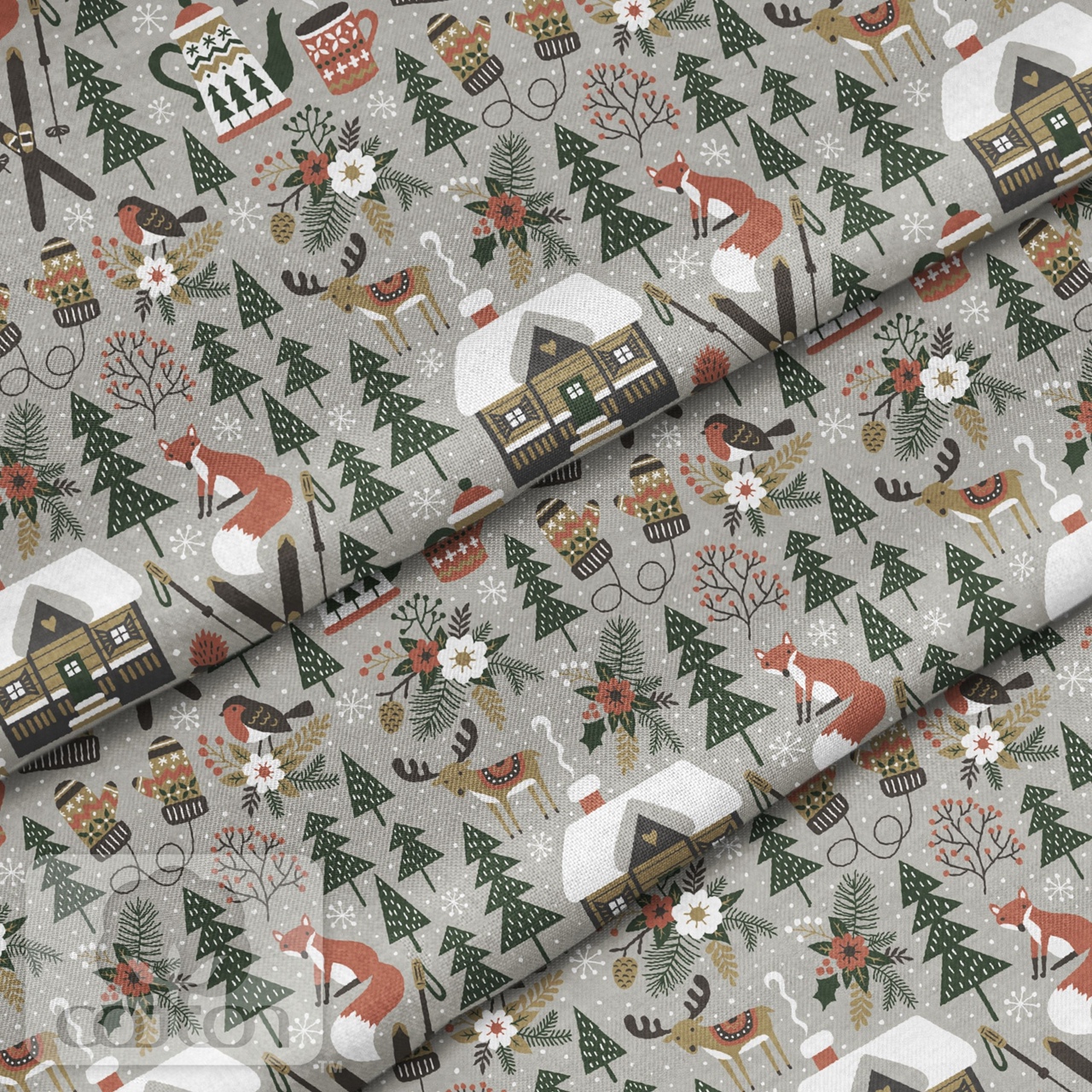 Отрез ткани 100 % хлопок-премиум 80 х 50 см Деревня на сером